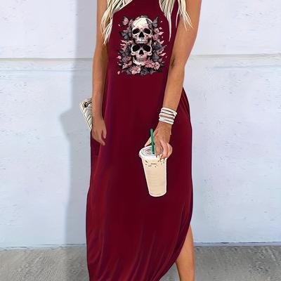 TEMU Women's Skull & Floral Graphic Print Tank Dress - Sleeveless Crew Neck Casual Dress With Side Slit Hem, Mid--washable Fabric, Long Length For Casual Attire, Skull Dress, Medium Elasticity Image