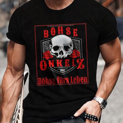 TEMU Men's Evil Uncle Pattern T-shirt Premium Cotton, Casual Black Short Sleeve Shirt, Skull And , Crew Neck, Suitable For Fitness And Running, Casual Wear, , Durable Fabric Image