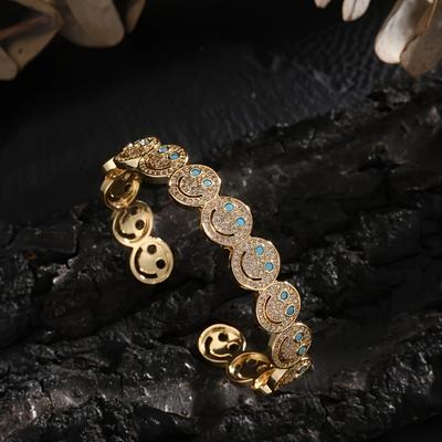 TEMU Elegant Copper Bracelet With Smiling Doll Design - Adjustable Open Style, Sparkling Cubic Zirconia Accents, , Parties, And Valentine's Gifts, Everyday Accessory| Accessory|durable Bracelet Image