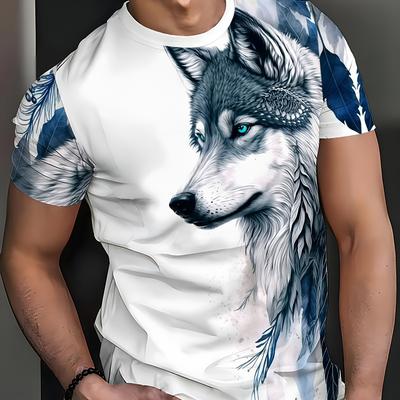 TEMU Men's 3d Wolf Print T-shirt, Casual Crew Neck Short Sleeve Tee With Wolf Design, Lightweight Summer Fashion Top For Men Image