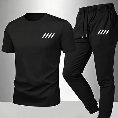 TEMU Graphic Print Two-piece Set, Spring And Summer Men's Casual Sports Short-sleeved Pullover And Long Pants Set, Trendy Round Neck T-shirt And Pants, , Worn Outside Image