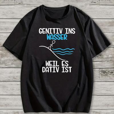 TEMU Men's Casual Short Sleeve T-shirt - German Genitiv Ins Wasser Graphic Print, Black With White & , Lightweight Summer Round Neck Tee, Machine Washable Regular Fit Image