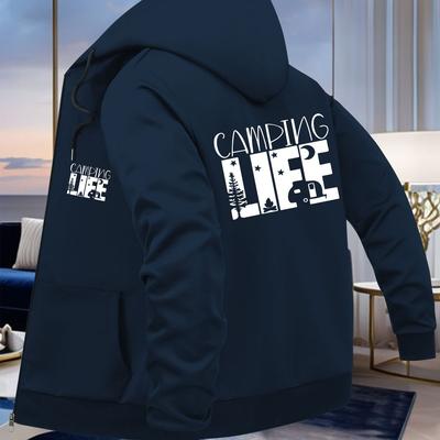 "TEMU Men's Casual Hooded Jacket - Navy Blue With "camping Life" Graphic, Zipper Closure, Polyester, Machine Washable, Front Pockets, Relaxed Fit For Outdoor Or Casual Attire" Image