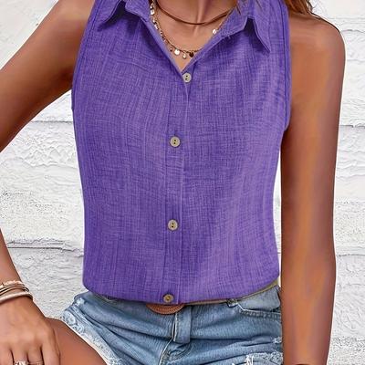 TEMU Women' Purple Sleeveless Blouse With Button-up Detail - Spring And Summer, Casual Attire, Casual Attire|sleeveless Blouse|lapel Collar, Sleeveless Tops Image