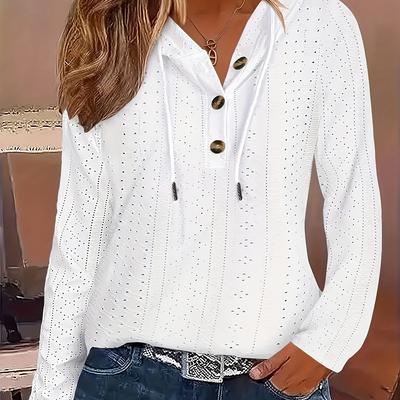 TEMU Women's Casual Embroidered Eyelet Long Sleeve Hooded Pullover With Twist Buttons, Polyester , Medium Stretch Fabric, For All Image