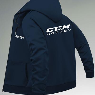 "TEMU Men's Trendy Navy Blue Hooded Jacket With "ccm Hockey" Print - Casual Zip-up Baseball Style, Polyester Lining, Front Pockets, Sports Jacket|hooded Jacket|zippered Jacket" Image