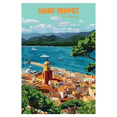 TEMU Room Decor 1pc Saint-tropez Poster, French Seaside Landscape, Unframed Cloth Canvas Wall Art, 18x12 Inches, Decor Image