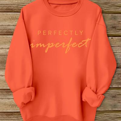 "TEMU Women's Theta "perfectly " Orange Letter Print Crew Neck Sweatshirt - Casual Long Sleeve Pullover, Machine Washable" Image