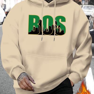 TEMU Men's Boston-inspired Letter Print Hoodie - Casual & Stylish Drawstring Pullover, Comfortable Long Sleeve With Kangaroo Pocket For Fall/winter Image