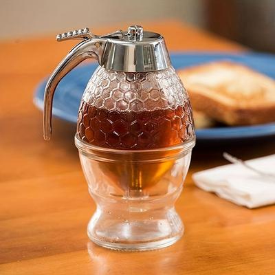 TEMU Stylish Honeycomb-patterned Honey Dispenser With Metal Spout & Storage Rack - Reusable Plastic For Syrup, Sauce & Seasonings - Hand-wash Only, Food-safe Design Image