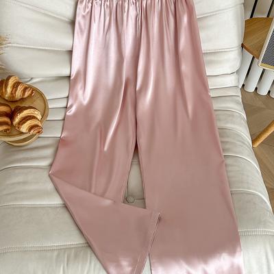 TEMU Youth Women's Soft Pink Solid Color Sleep Pants - 100% Polyester Micro-stretch Casual Lounge Pants, Machine Washable & Dry , Regular Fit For Teens 14+ Image