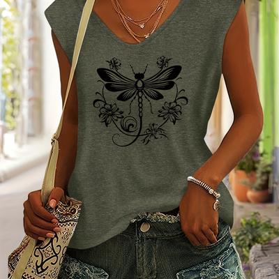 TEMU Women's Casual V-neck T-shirt With Dragonfly Applique, Short Sleeve, Fabric, Regular Fit, Spring/summer Fashion Top, Casual Wear|vintage-| Image