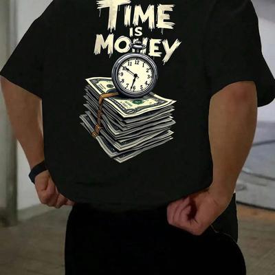 "TEMU Men's "" Graphic T-shirt - Loose Fit, Casual Crew Neck Short Sleeve Tee With Clock & , Lightweight Polyester Fabric, Outdoor Wear" Image