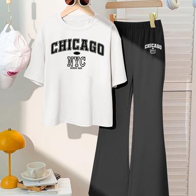 TEMU Girls' Summer Casual Comfortable Fashion Set With Letter Pattern Print Round Neck Short Sleeve T-shirt + Bell Bottom Pants 2 Piece For Outdoor Image