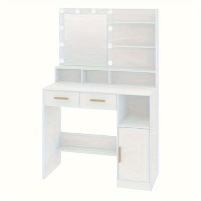 TEMU Dressing Table With Mirror And 10 Led Lighting, Adjustable Brightness, Vanity Unit With 2 Drawers & 1 Cabinet, 3 Shelves & 4 Open Compartments, White Image