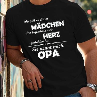 "TEMU Men's Plus Size Casual T-shirt With Unique German Quote "madchen Das Herz Einesopa"- Short Sleeve, Round Neck, Cotton, Black With White Text, Summer Essential For Casual Attire, Plus Size" Image