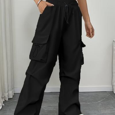 TEMU Women's High-waist Cargo Pants With Large Pockets - Casual Drawstring Joggers, Vintage , Red, , Casual Wear Pants|vintage Cargo Pants|wideleg Pants