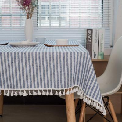 Ersandy - Rechteckige Tischdecke, gestreifte Quasten-Tischdecke, Tischschutz, Leinen-Tischrock, Image