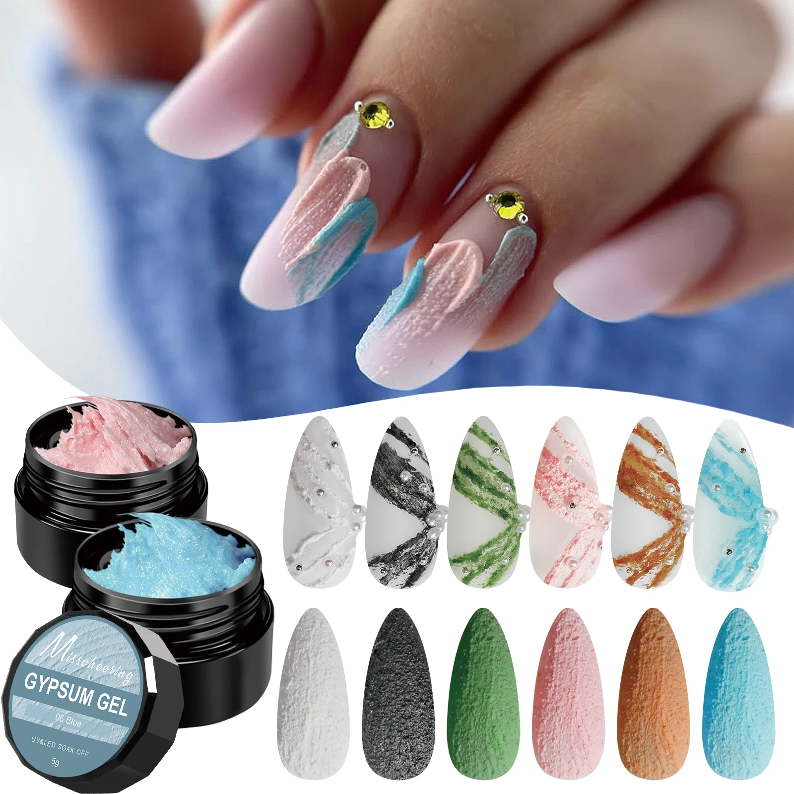 6 Farben Acryl Carving Gips Gel Nagellack 3D Relief Sandy UV/LED abziehbarer Gel-Lack DIY Relief Nail Art Gel Dekoration Image