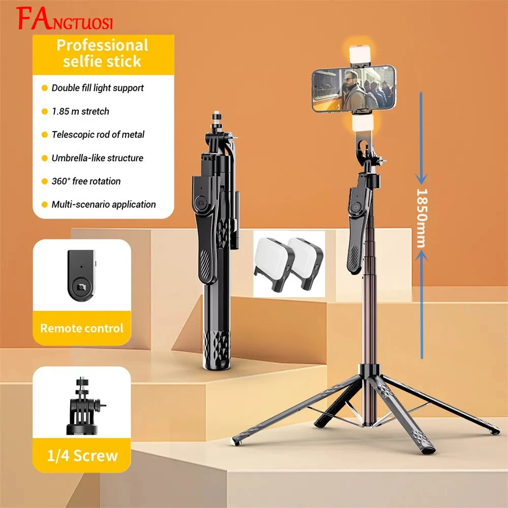 FANGTUOSI Langer 185 cm 360-Grad-Rotationsstabilisator, Selfie-Stick-Stativ für Smartphone-Kamera mit Bluetooth-Auslöser für Live-Video Image