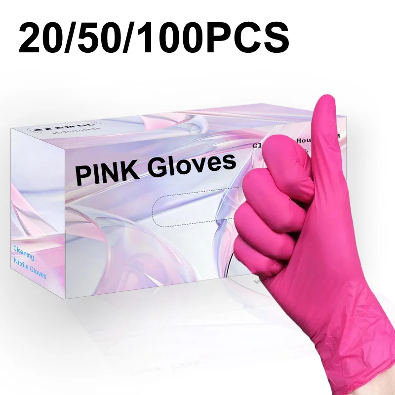 20/50/100PCS Rosa Einweg-Nitrilhandschuhe, latexfrei, wasserdicht, langlebig, Nitril-Reinigungshandschuhe, Haustier, Baden, Haushaltsreinigung Image