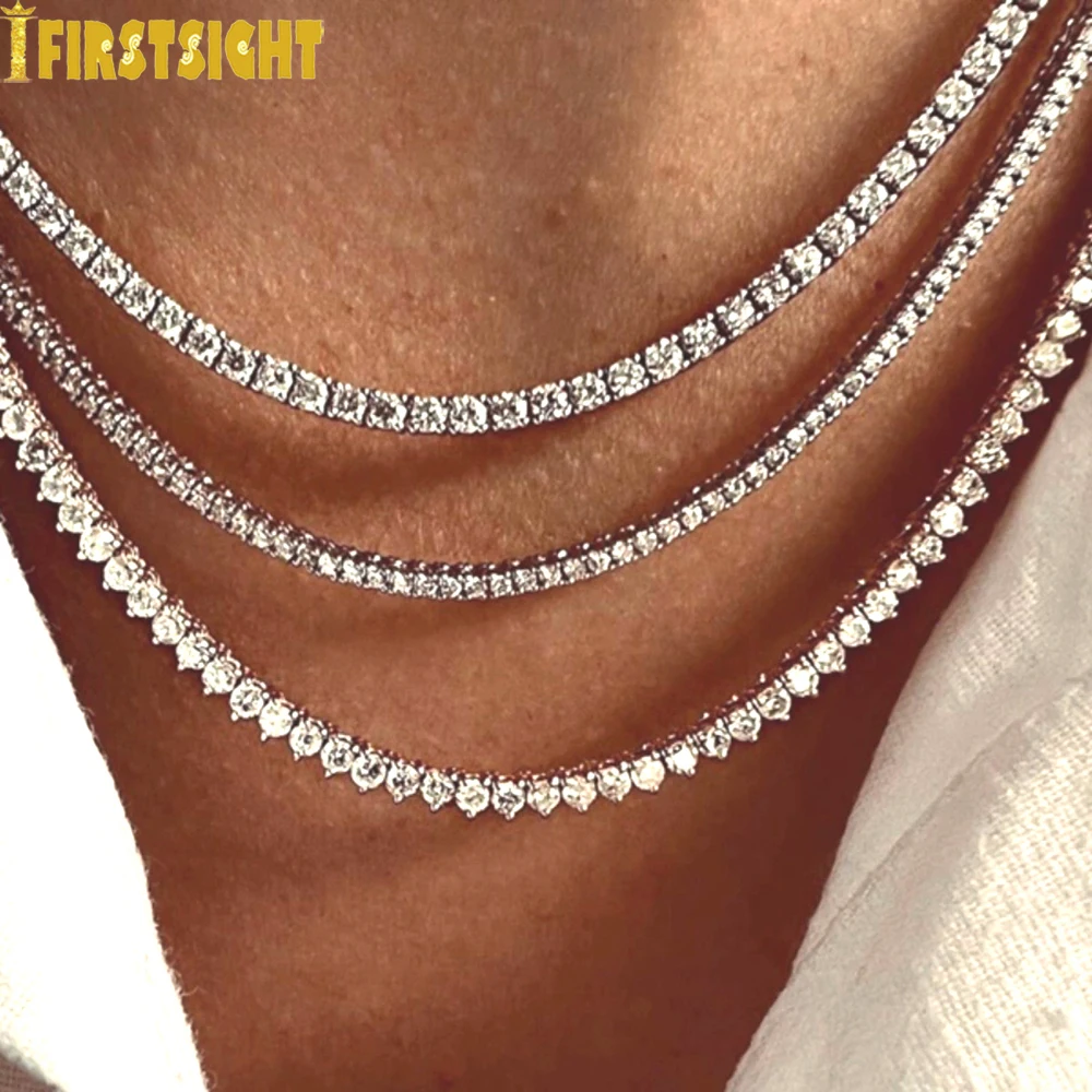 Iced Out Bling Zirkon 3 mm Tenniskette Halskette 3 Zinken Gold Silber Farbe CZ Charm Halsband Damen Herren Hip Hop Modeschmuck