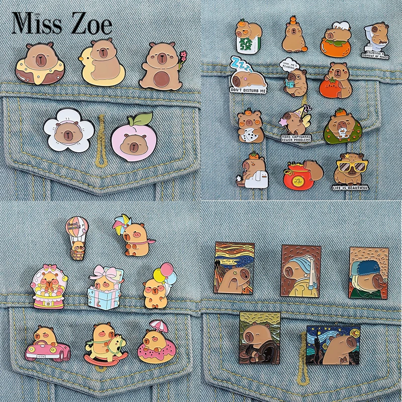 4-8 TEILE/SATZ Emaille Pins Benutzerdefinierte Nette Capybara Ölgemälde Broschen Revers Abzeichen Kleidung Tier Schmuck Geschenk für Kinder Freunde Image
