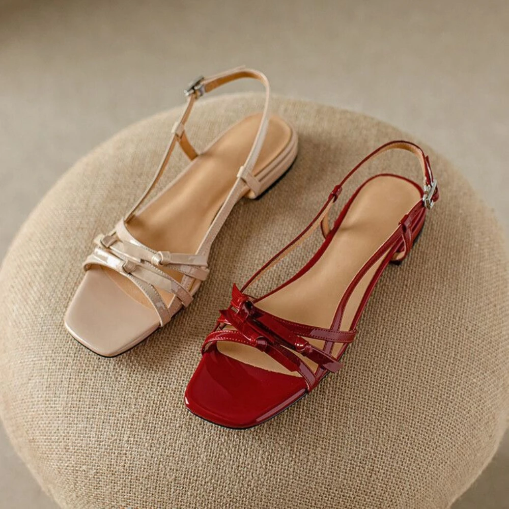 Sommer Gladiator Frauen Sandalen Casual Offene spitze Rot Patent Leder Schuhe Damen Elegante Wohnungen Alias