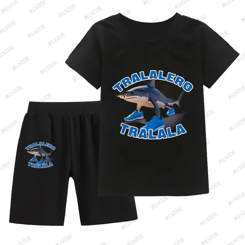 Tralalero Tralala Lustige Hai Meme Grafik Kinder Sets Sommer Baumwolle T-shirt + Shorts Anzug Casual Kinder/Erwachsene 2-teiliges Outfit Image