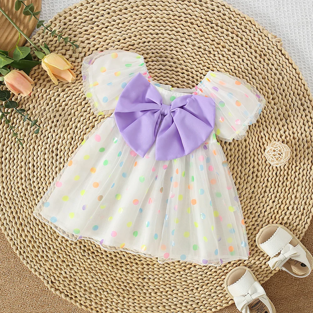 Sommer Baby Mädchen Kleid für Mädchen Geburtstags feier bunte Tupfen Big Bow Mesh Bubble Sleeve Prinzessin Kleid Image
