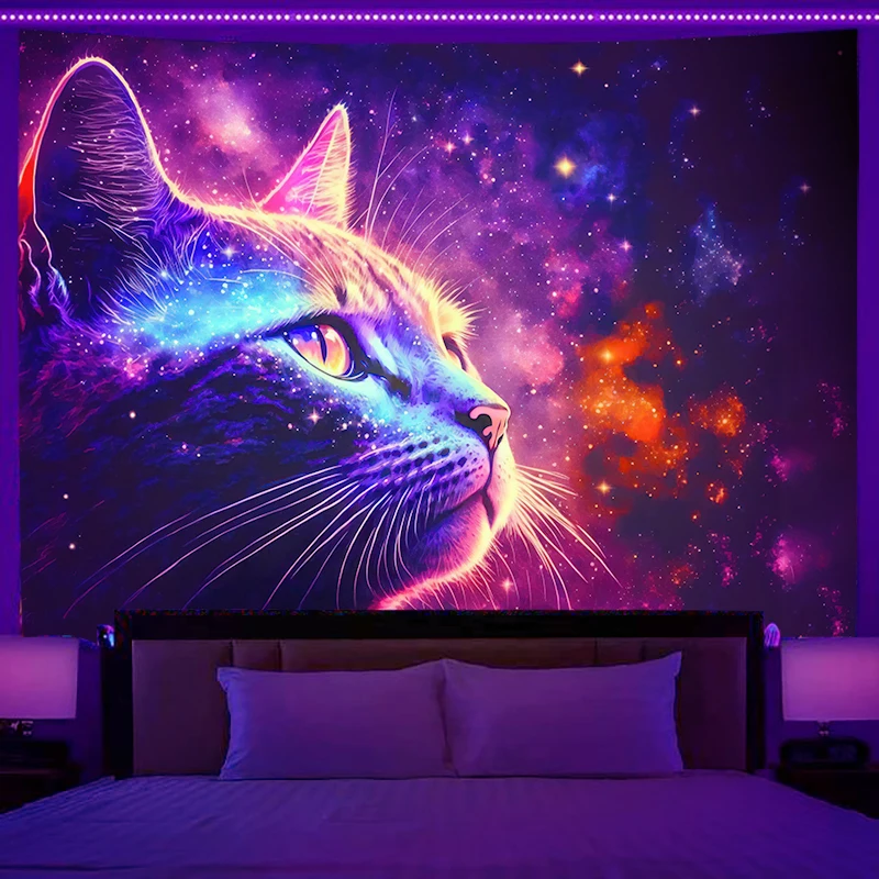 VIKAMA Cosmic Starry Sky Cat Tapisserie Sternenlicht Wandbild Schlafzimmer Hintergrund Wanddekoration Verträumte Neon Cyberpunk Kunst Wandbehang Image