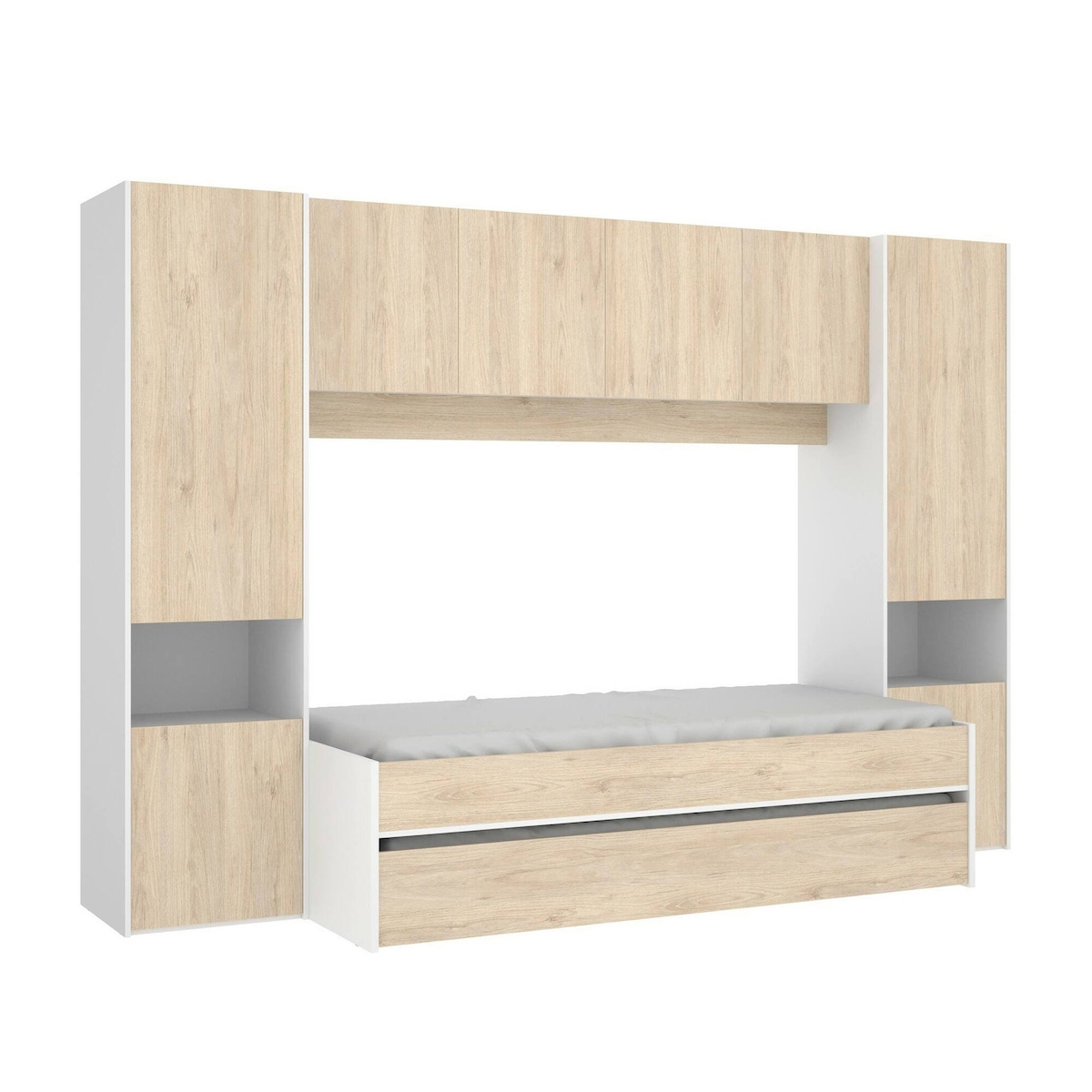 Dmora Kinderbett Venturosa, Komplettes Schlafzimmer mit Bridge-Kleiderschrank und Kommode, 303 x 97 x 203 cm, Eiche und Weiß Image