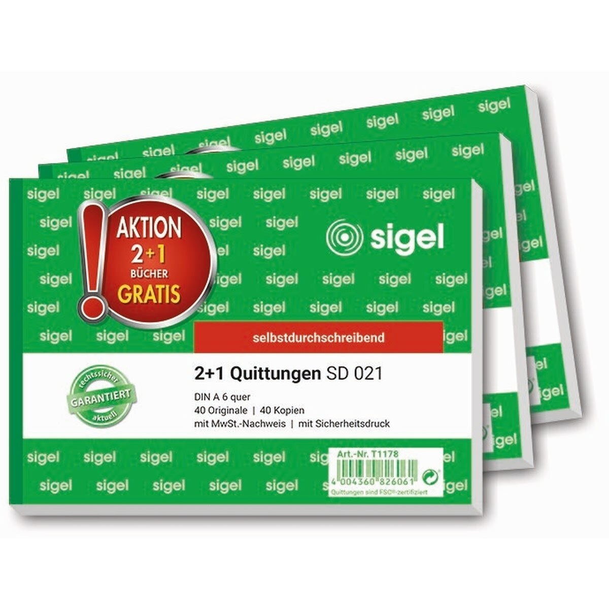 Sigel Quittung A6 SD 2x40 Blatt mit MwSt.-Nachweis 3 Stück Image