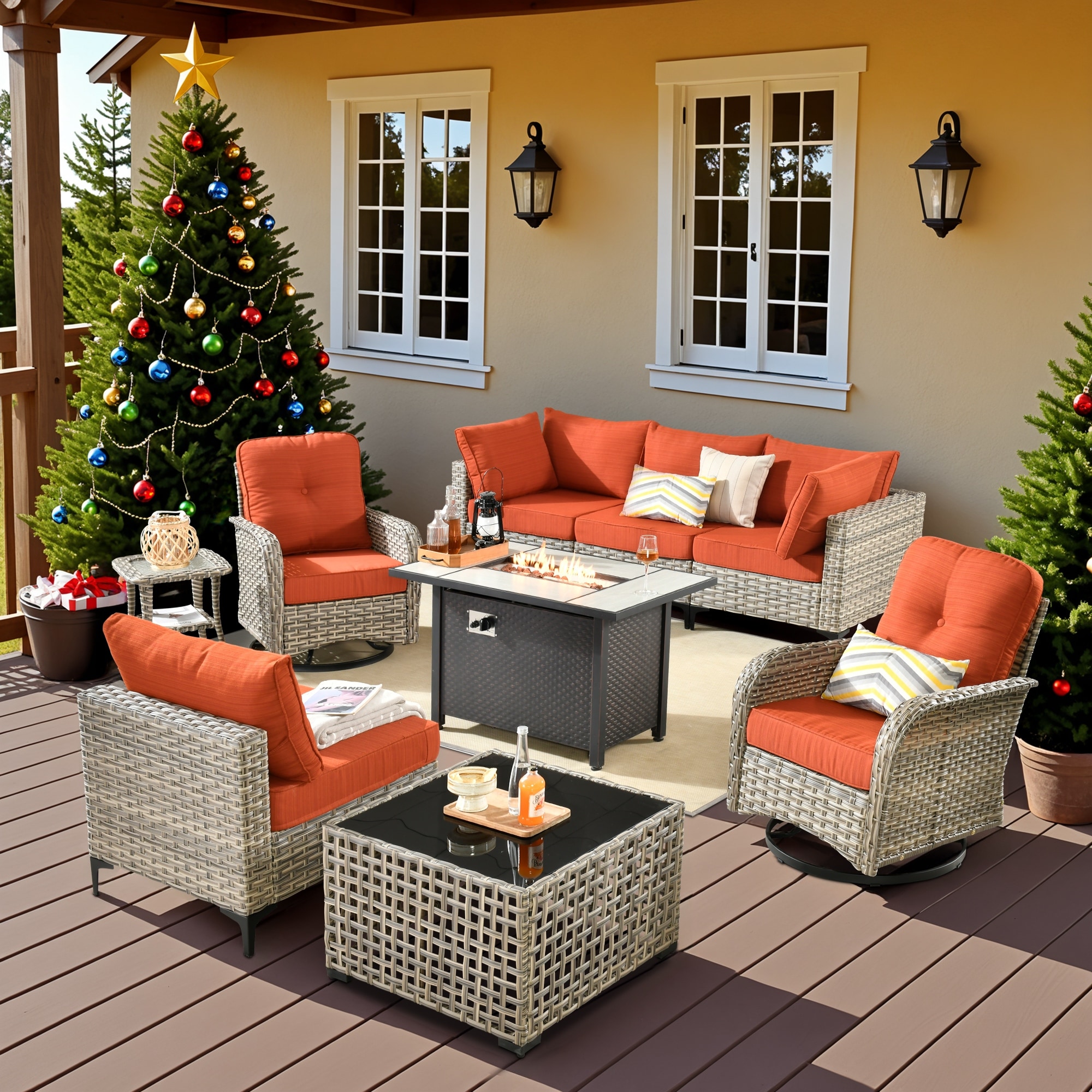 OVIOS 9 Pieces Outdoor Wicker Swivel Chair Set With Fire Table