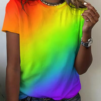 TEMU Women's Vibrant Rainbow Gradient Short Sleeve Tee - Soft, Breathable Polyester Blend, Casual Crew Neck, Color-blocking Design, Relaxed Fit, Summer Outdoor, Casual Wear Tee | Colorblock Top | Image