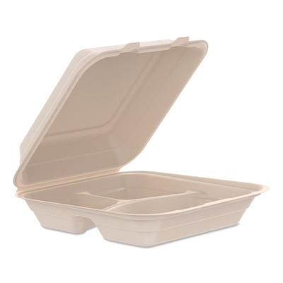 Dart Compostable Molded Fiber Hinged Trays, ProPlanet Seal, 3 Compartments, 9.14 x 9 x 2.98, Natural, 200/Carton (DCC90FBRHT3)