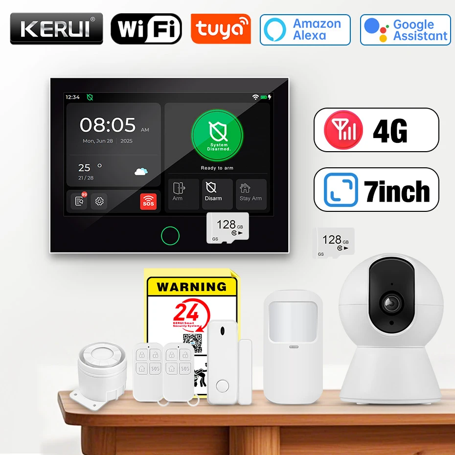 KERUI G70 4G Alarm-Sicherheitssystem, 7 Zoll großer IPS-Touchscreen, Heimalarm für Haussicherheitsschutz, Alexa Tuya Smart APP Image