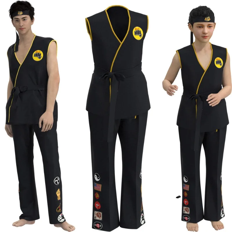 Kinder Spiel Cosplay Kostüm Cobra Kai Cosplay Karate Cos Kid Aldult Schwarz Weiß Kimono Uniform Karneval Party Anzug mit Stirnband Image