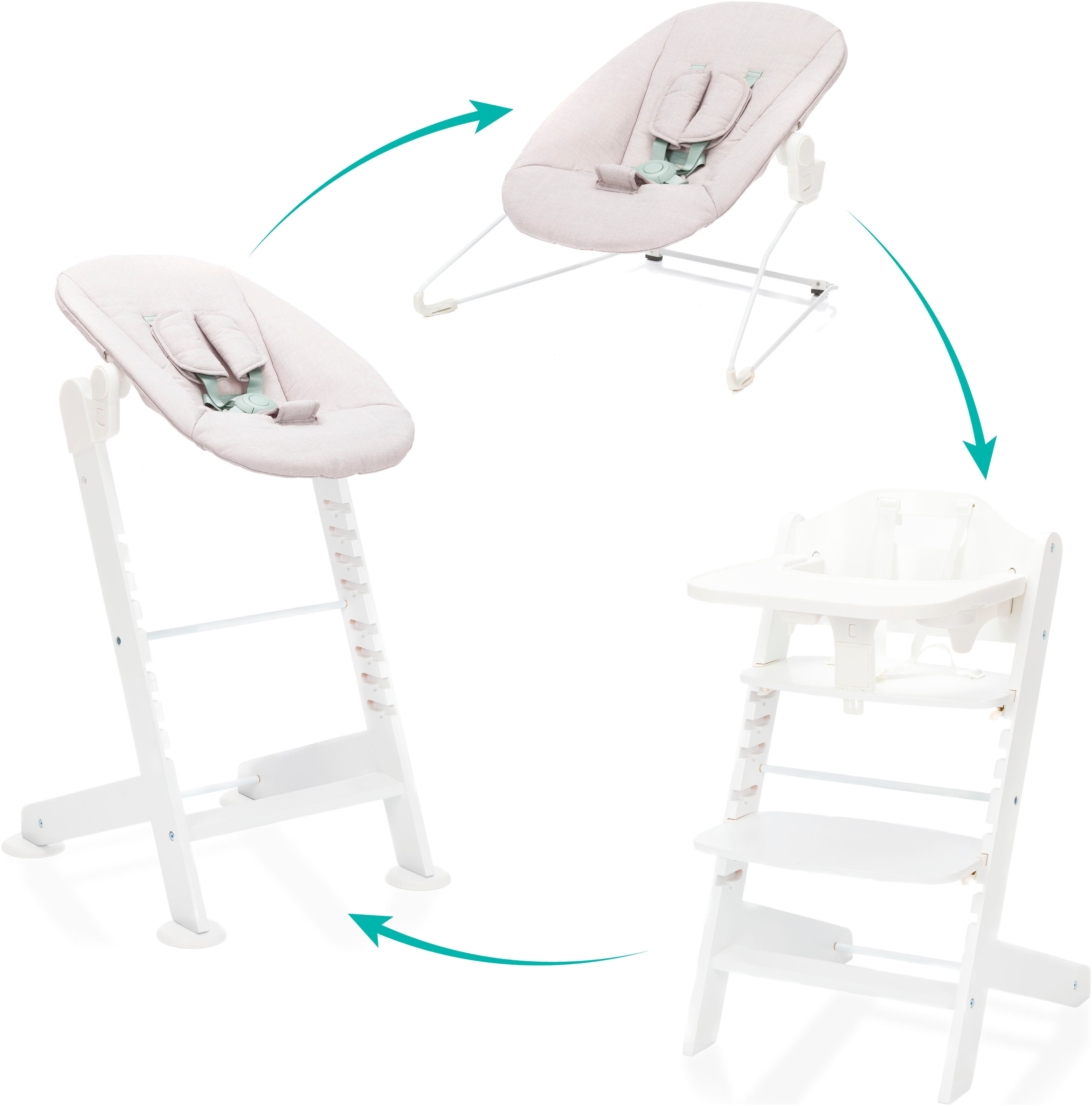 Hochstuhl FILLIKID "Pia Swing", Baby, Gr. B/H/T: 51cm x 81cm x 45cm, 3 Stk., weiß, Stühle Kombihochstuhl Hochstuhl, inkl. Neugeborgenenaufsatz und Wippe Image