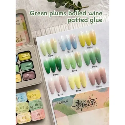 9-colors Green Plums Boiled Wine Patter Glue Smudges Canned High Saturation Popular Semi-Solid Nail Polish Glue-Qing Mei Zhu Jiu