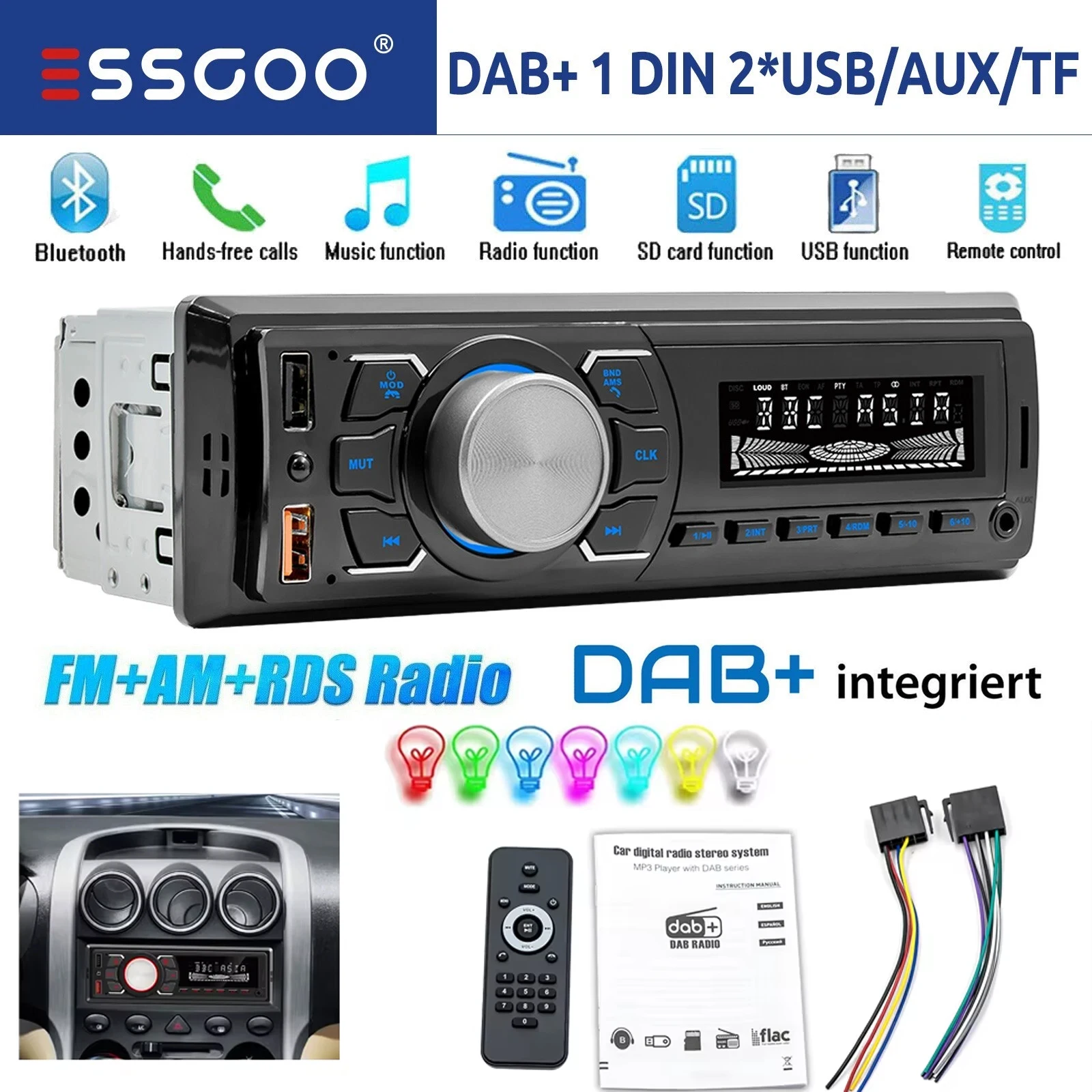 ESSGOO 1 DIN DAB + Autoradio universale RDS AM FM Doppio USB Bluetooth Freisprecheinrichtung SD AUX IN TF Con telecomando