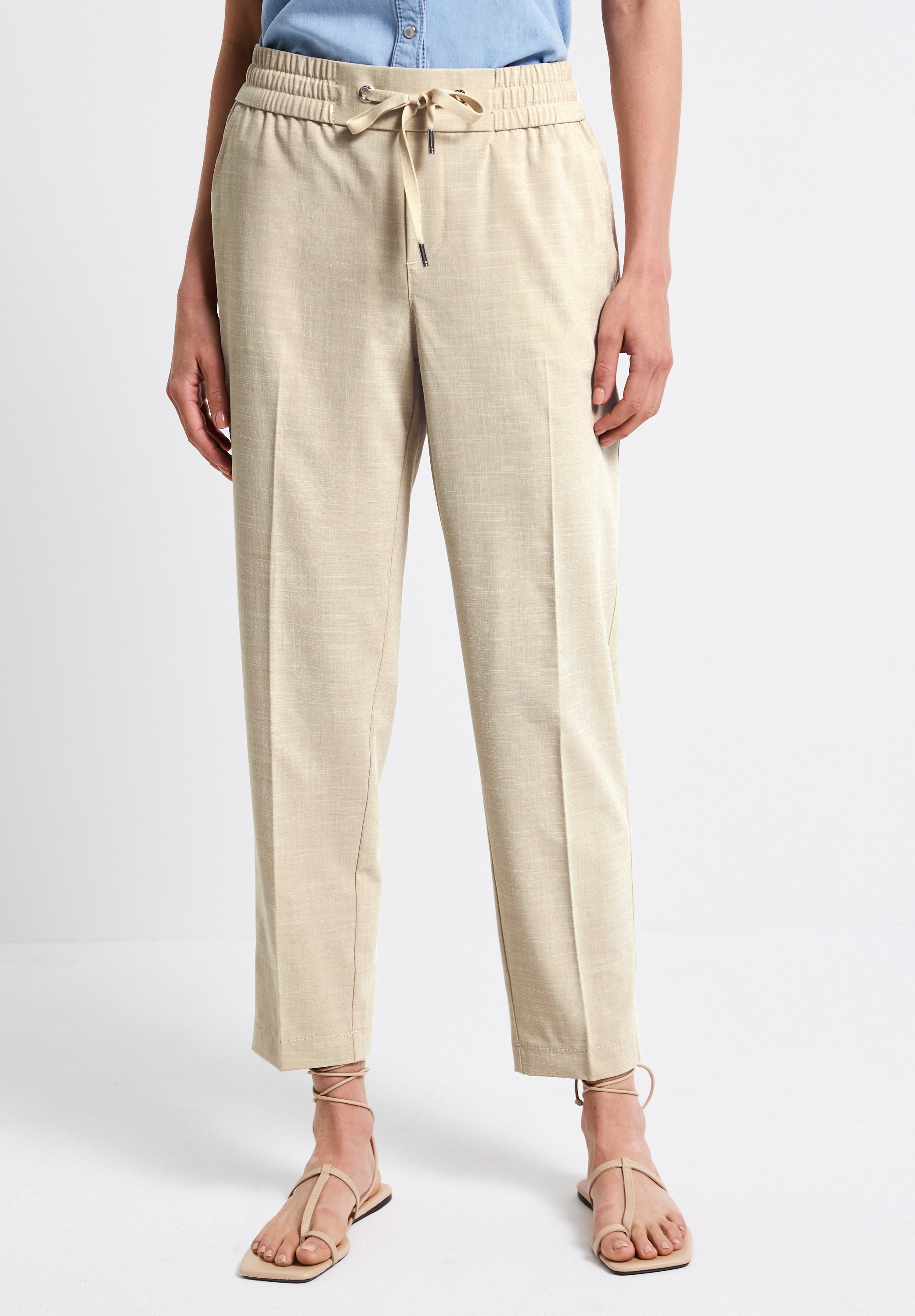 Bügelfaltenhose STREET ONE, Damen, Gr. 42, Länge 28, beige (coastal beige), Stoff, 54% Polyester, 43% Viskose, 3% Elasthan, unifarben, loose fit knöchelfrei, Hosen, Middle Waist