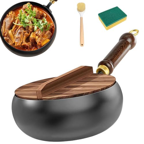 Japanese Iron Pan with Wooden Lid Forged,Uncoated Iron Pan 24cm/28cm Uncoated Non-Stick Iron Pan,Hand Forged Big Belly Pot for Natural Cooking,Gas Stove & Induction Stove (24 CM)