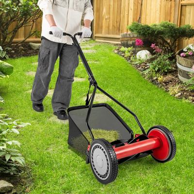 Green Steel Manual Reel Lawn Mower with 4 Heights and Grass Catcher Bag - 21