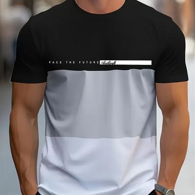 TEMU Men' Casual T-shirt, Crew Neck Short Sleeve With Print, 100% Polyester Knit Fabric, Stretch, Regular Fit, Breathable Summer Top For Adult - 105gsm Image