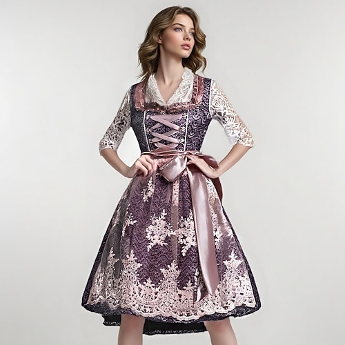 Robe Dirndl en dentelle violette pour femmes avec blouse et tablier rose pour la fête Wiesn Oktoberfest