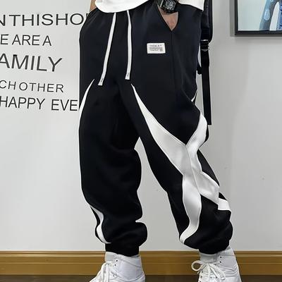 TEMU Men's Elastic Waist Drawstring Jogger Pants With Geometric Contrast Stripes - Straight-leg Tapered Ankle Casual Athletic Pants For & Dates, , Jogging Pants, Date Night Wear, Image