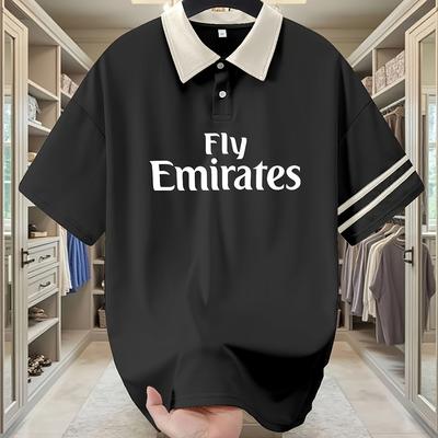TEMU Men's Fly Emirates Summer Shirt - White With Green Stripe & Logo Print, Casual Preppy Style, Short Sleeve, Button-up Collar, Machine Washable, Versatile Fashion | Breathable Fabric Image