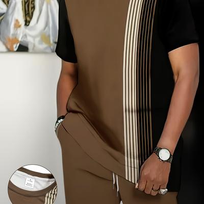 TEMU European And American Men's Summer Fashion Round Neck Short Sleeves, Slim Trousers Suit, Two-color Striped Splicing High-end Trend, Suitable For Daily Leisure Image
