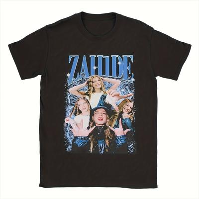 TEMU Zahide Graphic T-shirt - Stylish Black Tee With Vibrant Design, Breathable Cotton For Summer, Round Neck, Casual Fit, Casual Summer Wear | Vibrant Graphic Tee | Shirt Image